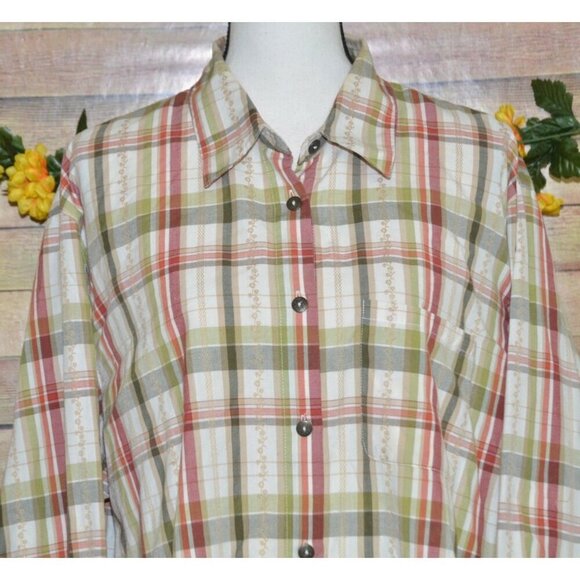 Alfred Dunner Women's 20W Fall Tan Plaid Floral Embroidered Button Front Shirt - Picture 2 of 9